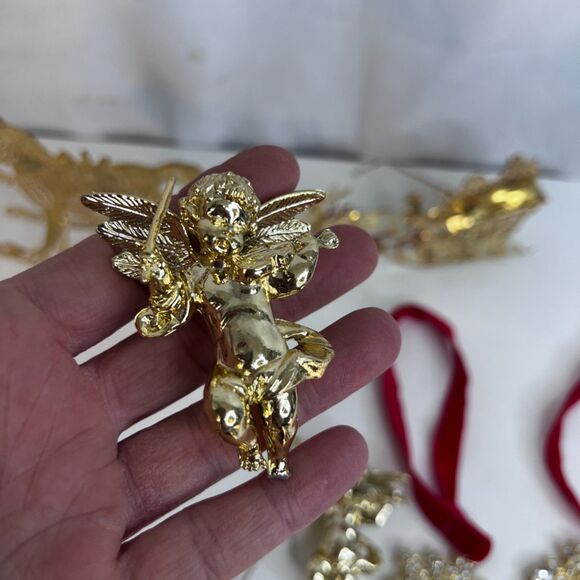 Gold Toned Christmas Ornament LOT of 7 Angels White House Sleigh Horse Wreaths - Picture 9 of 9